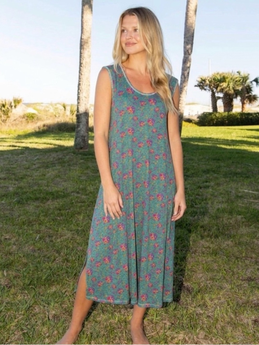 Natural Life Hangout Cotton Midi Dress in Turquoise Floral Medallions Sz XS - Picture 2 of 8